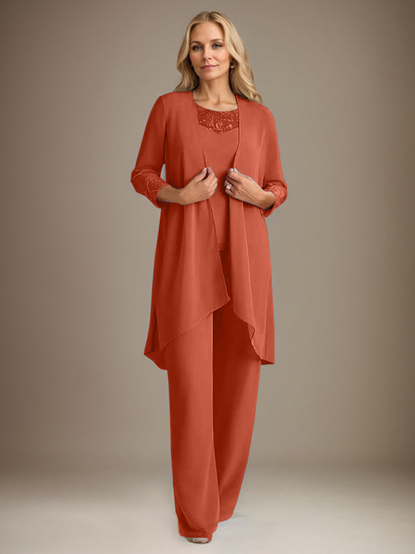 Traje pantalón de gasa con escote redondo y mangas largas para la madre de la novia, con chaqueta. 