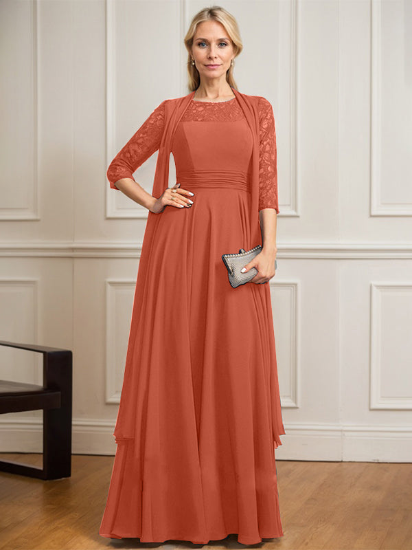 Vestido de novia de corte A, escote redondo ilusión, largo hasta el suelo, de gasa de encaje con pliegues. 