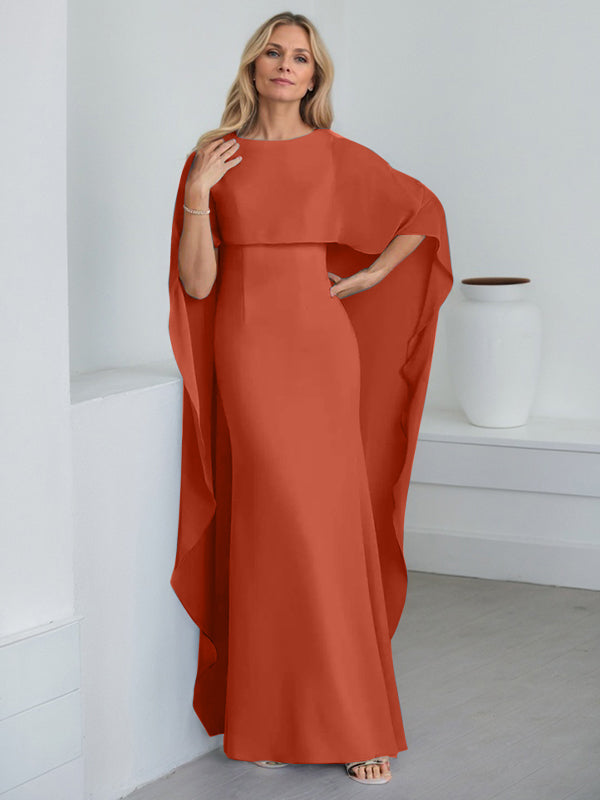 Robe fourreau longue en mousseline de soie pour la mère de la mariée, ornée de volants cascade, avec décolleté arrondi. 