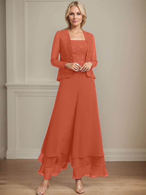 Conjunto de pantalón y chaqueta de dos piezas, corte cuadrado, largo hasta el tobillo, encaje, gasa, vestido de madre de la novia con lentejuelas 