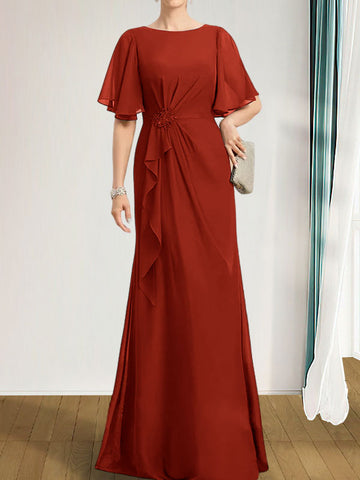 A-line Scoop Floor-Length Chiffon Mother of the Bride Dress With Cascading Ruffles Beading Sequins