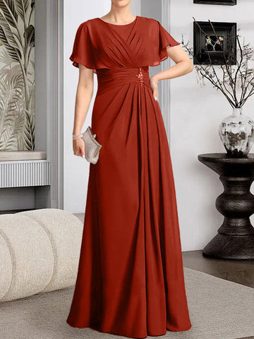 A-line Scoop Floor-Length Chiffon Mother of the Bride Dress With Pleated Beading