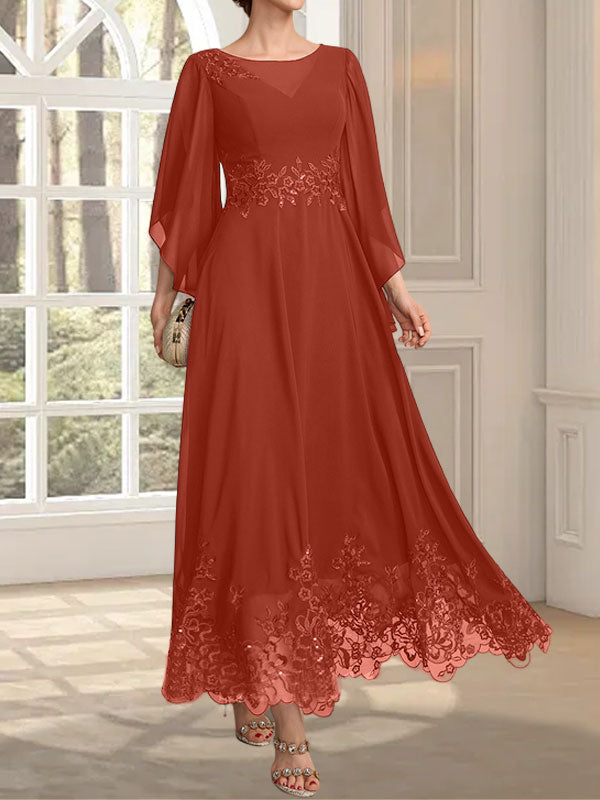 Robe de mère de la mariée en mousseline de dentelle, coupe trapèze, décolleté illusion, longueur cheville, ornée de sequins 