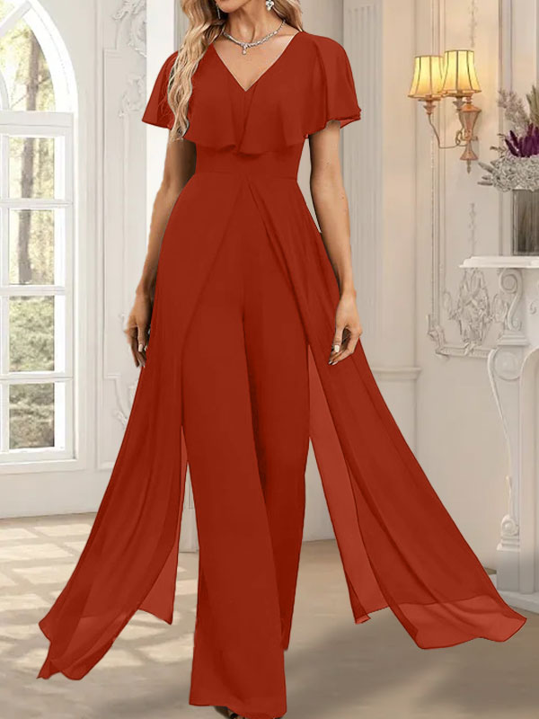 Combinaison-pantalon robe de soirée longue en mousseline à col en V