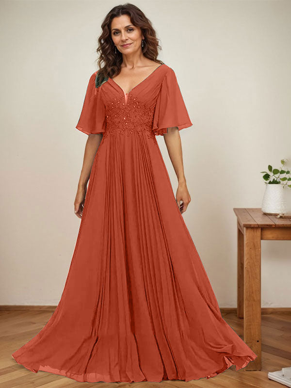 Vestido de corte A, escote en V, largo hasta el suelo, de gasa, para la madre de la novia, con apliques de lentejuelas y encaje plisado. 