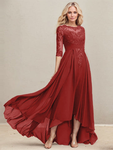 A-line Scoop Illusion Asymmetrical Lace Chiffon Mother of the Bride Dress With Pleated Sequins