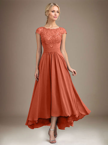 A-line Scoop Illusion Asymmetrical Lace Chiffon Mother of the Bride Dress With Pleated