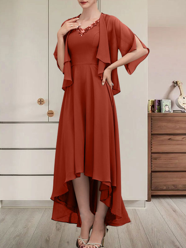 Vestido de corte A, escote en V, asimétrico, de gasa, para la madre de la novia, con lentejuelas y pedrería.