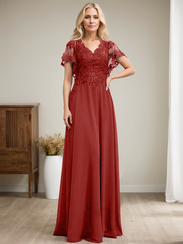 Vestido de novia de corte A, escote en V, largo hasta el suelo, de gasa de encaje con lentejuelas para la madre de la novia 