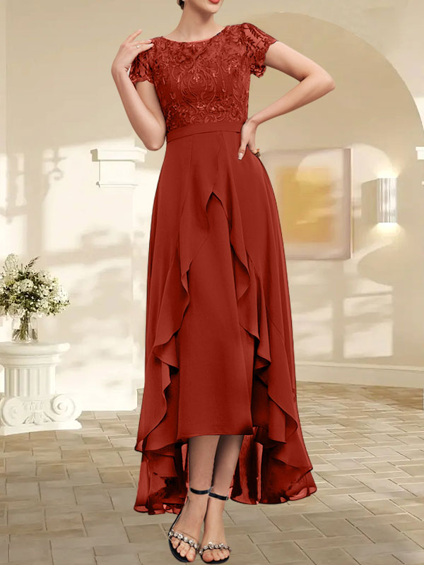 Vestido de novia asimétrico de gasa con encaje, corte en A, escote ilusión, detalle de lazo, volantes y lentejuelas para la madre de la novia 