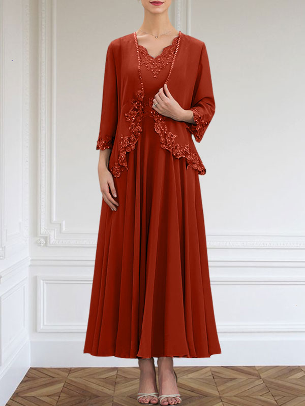 Vestido de corte A, escote en V, largo hasta el tobillo, de gasa, para la madre de la novia, con apliques de lentejuelas, encaje y pedrería.