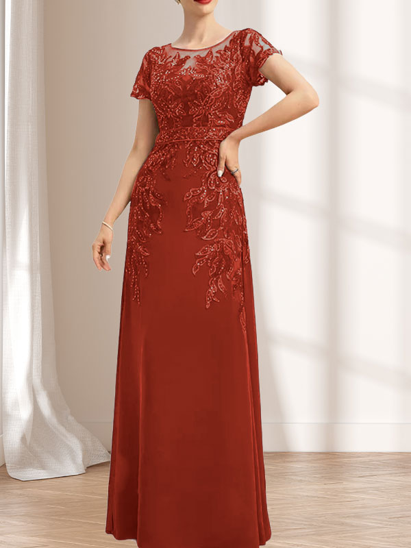 Vestido de novia de corte recto/columna, escote redondo, ilusión, largo hasta el suelo, de encaje y gasa con lentejuelas.