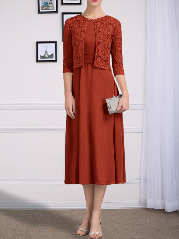 Vestido de chifón de corte línea A, largo té, para la madre de la novia, con escote redondo y pliegues.