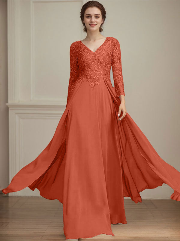Robe de mère de la mariée en mousseline de dentelle, coupe trapèze, col en V, longueur au sol, ornée de sequins 