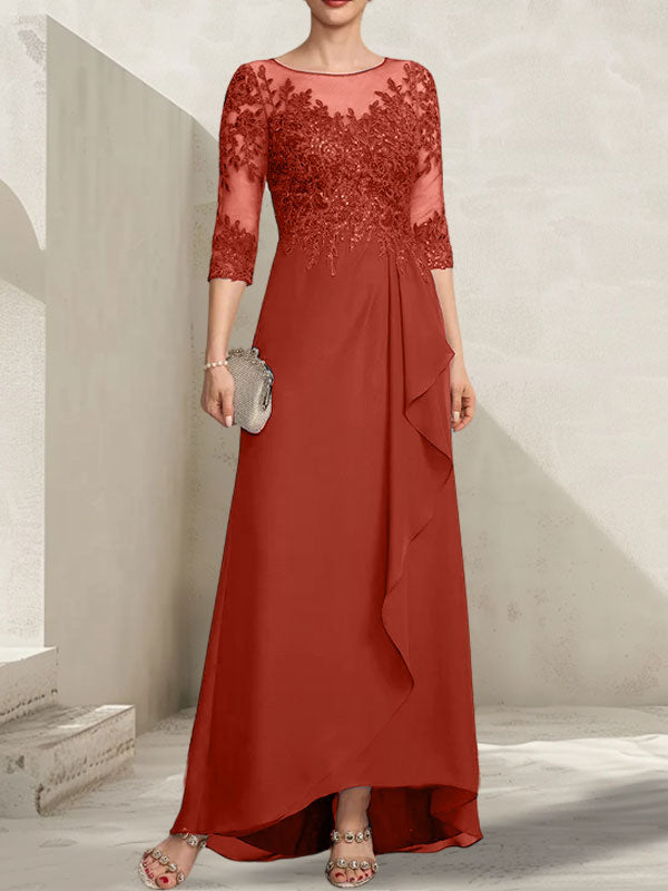 Vestido de madrina de la novia, corte asimétrico, escote ilusión, encaje y gasa, con lentejuelas y volantes en cascada.