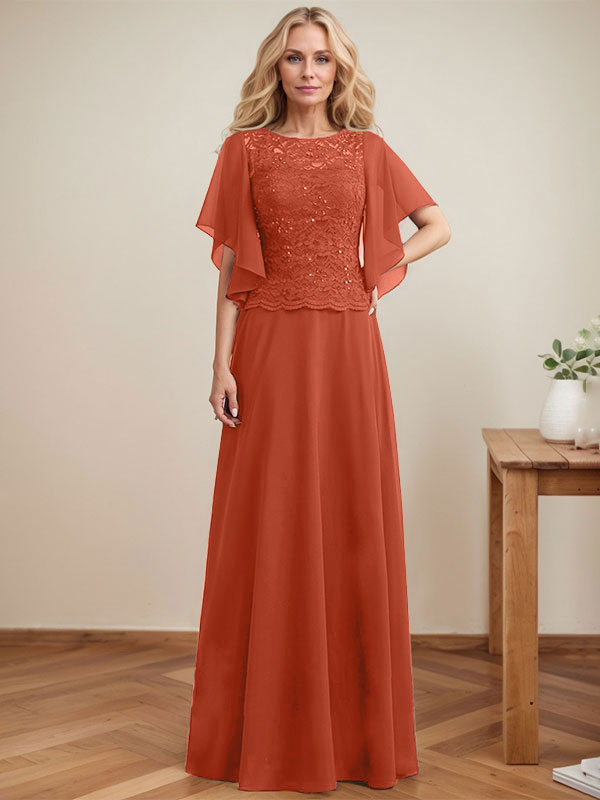 Vestido de novia de corte A, escote redondo, ilusión, largo hasta el suelo, de encaje y gasa con lentejuelas. 