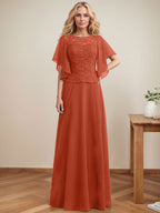 Vestido de novia de corte A, escote redondo, ilusión, largo hasta el suelo, de encaje y gasa con lentejuelas. 