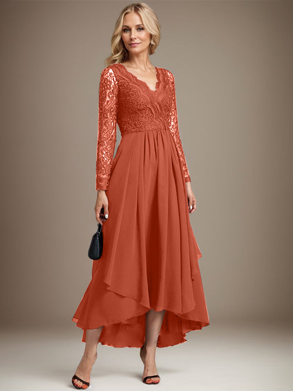 Vestido de novia de gasa con encaje asimétrico, escote en V y corte en A para la madre de la novia 