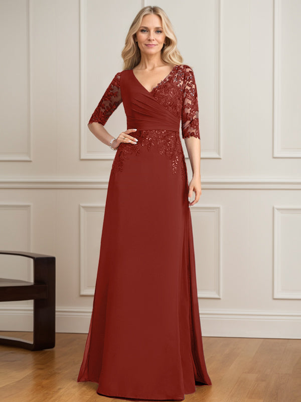 Vestido de novia de corte A, escote en V, largo hasta el suelo, de gasa de encaje con lentejuelas plisadas. 