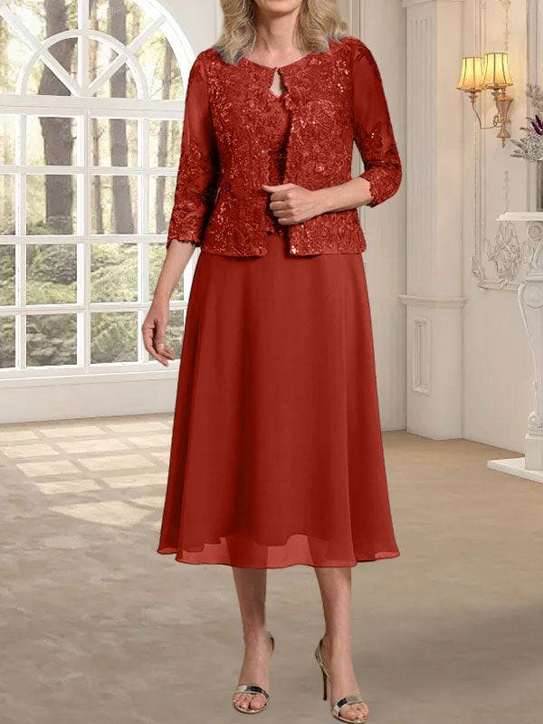 Vestido de novia de corte línea A, escote redondo, largo hasta la rodilla, de encaje y gasa con lentejuelas. 