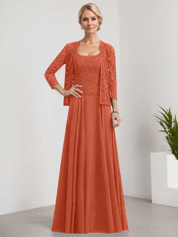 Vestido de corte A, cuadrado, largo hasta el suelo, de encaje y gasa con lentejuelas para la madre de la novia 