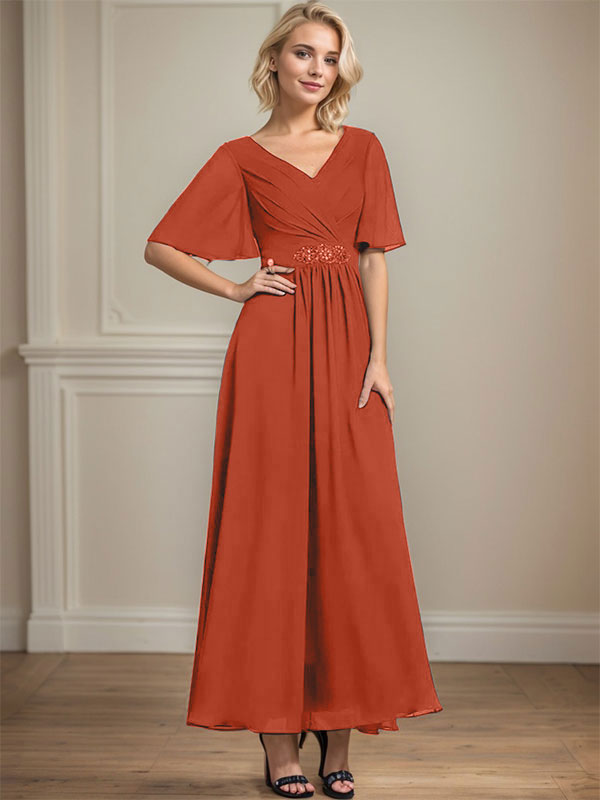 Vestido de gasa de corte A, escote en V, largo hasta el tobillo, para la madre de la novia, con lentejuelas y cuentas plisadas.