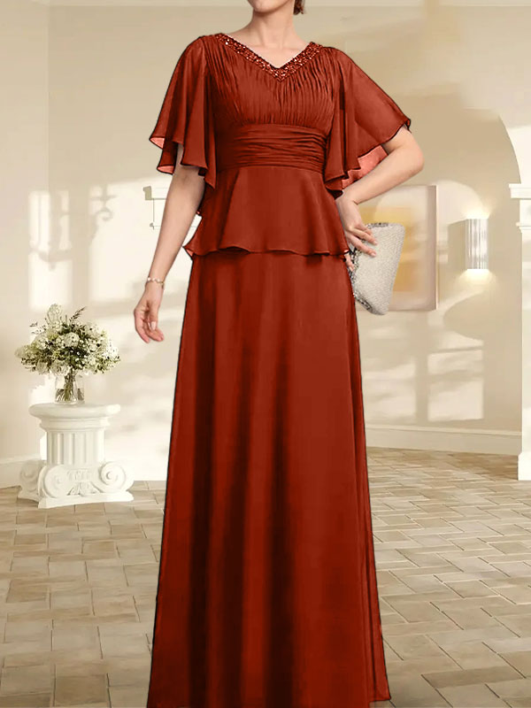 Vestido de gasa de corte A, escote en V, largo hasta el suelo, para la madre de la novia, con plisados ​​y cuentas.