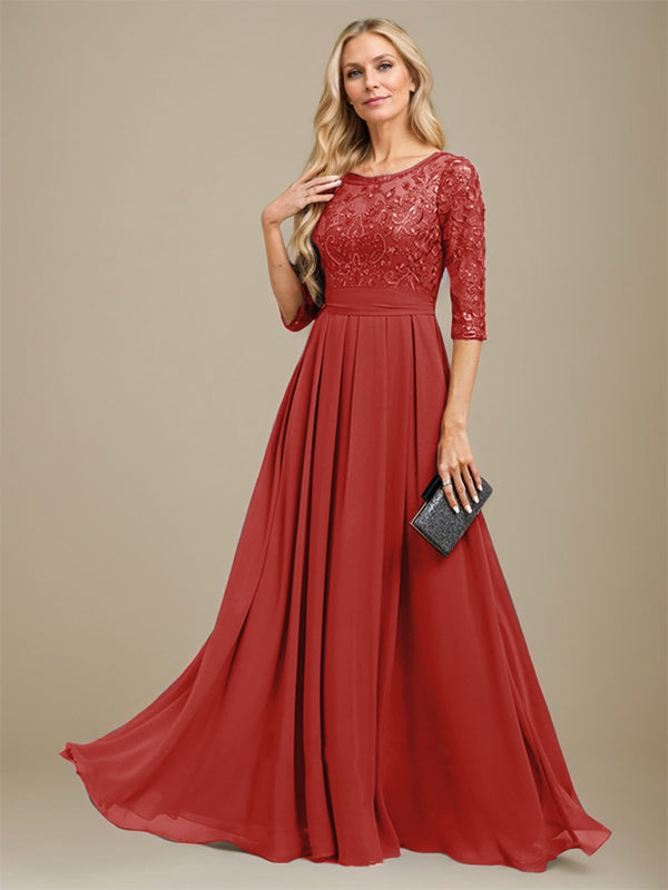 Vestido de corte A, escote redondo, largo hasta el suelo, de gasa de encaje con apliques de lentejuelas para la madre de la novia. 