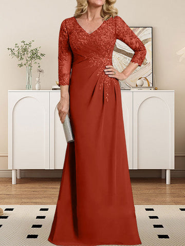 Sheath/Column V-Neck Illusion Floor-Length Lace Chiffon Mother of the Bride Dress With Pleated Sequins