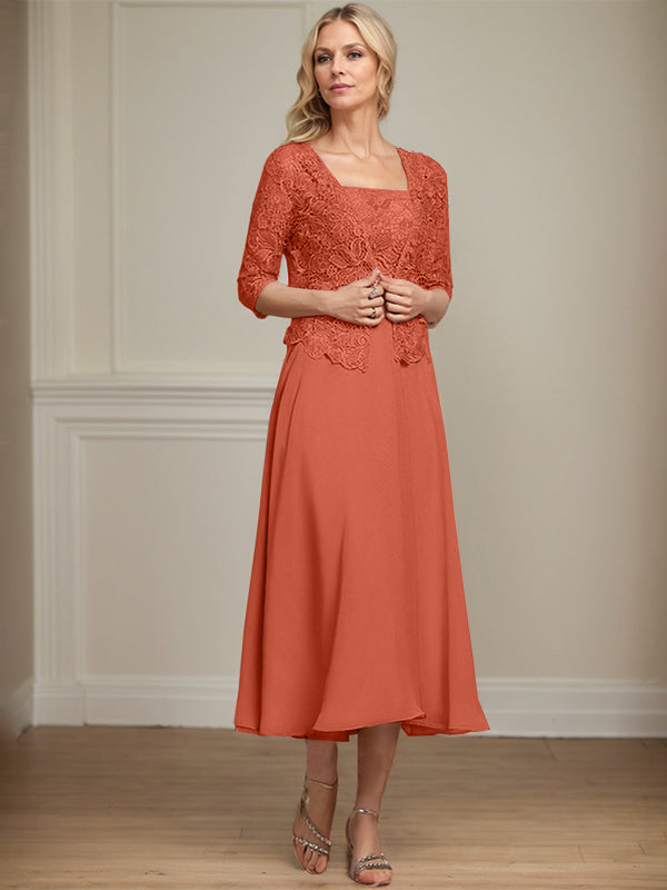 Vestido de corte A, largo midi, de gasa, encaje y lentejuelas para la madre de la novia. 