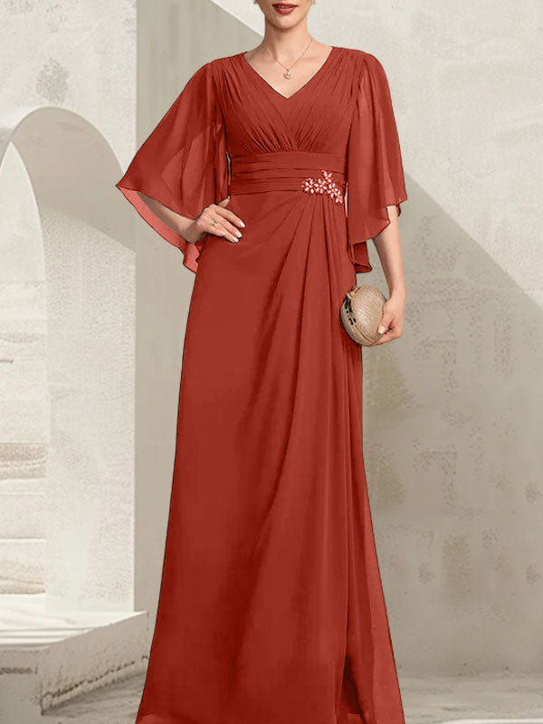 Vestido de corte recto/columna, escote en V, largo hasta el suelo, de gasa, para la madre de la novia, con lentejuelas plisadas y pedrería.