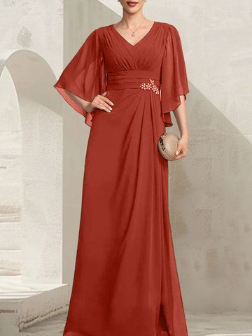 Sheath/Column V-Neck Floor-Length Chiffon Mother of the Bride Dress With Pleated Sequins Beading
