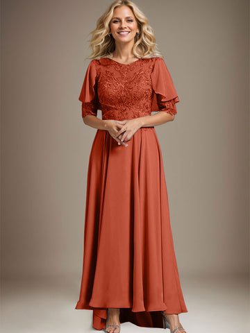A-line Scoop Illusion Asymmetrical Chiffon Lace Mother of the Bride Dress With Beading