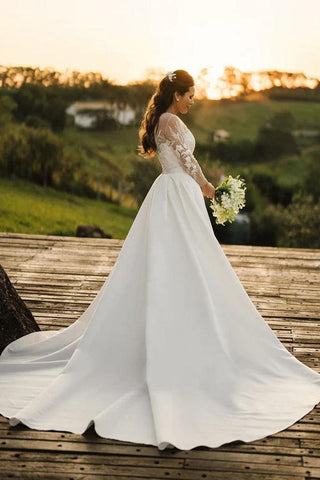 Vestido de novia rústico de encaje, manga larga y tul con satén desmontable WD624