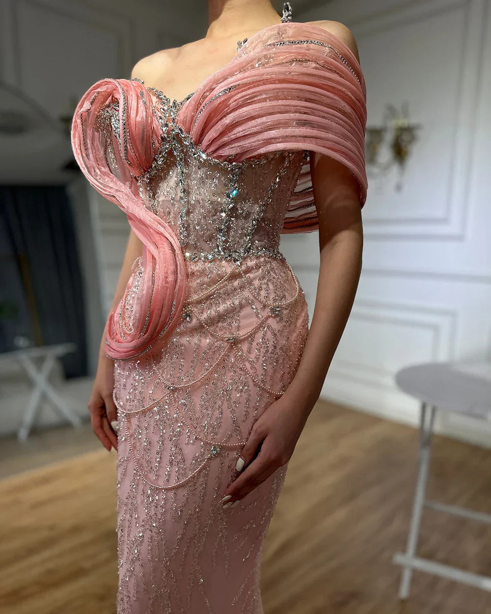 Vestido de noche elegante de sirena rosa con un solo hombro, lujoso, con cuentas y aberturas, para mujer, ideal para bodas y fiestas (LA72455) 