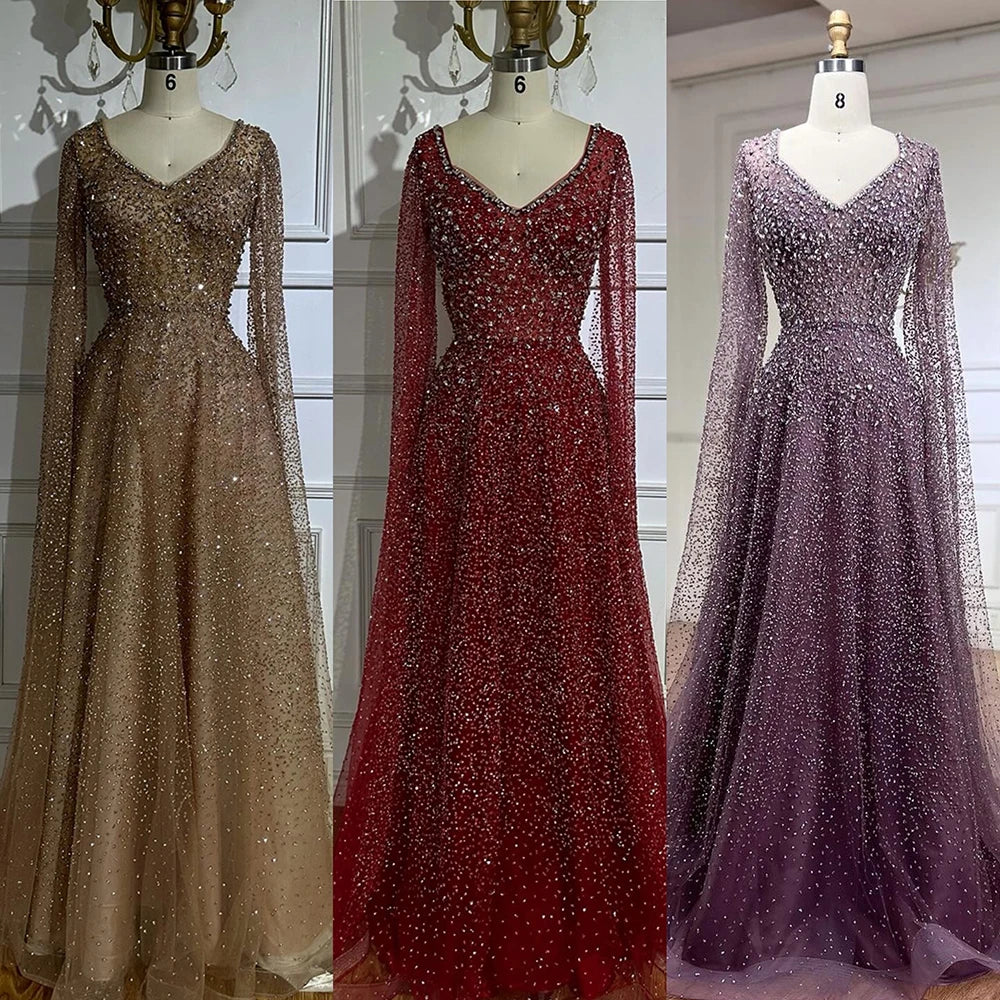 Vestido de noche corte A, manga capa, con cuentas color caramelo, estilo árabe saudí, para ocasiones formales (LA72147A) 