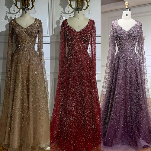 2025 Saudi Arabic Caramel Beaded Cape Sleeves A Line Evening Gown for Formal Occasion LA72147A