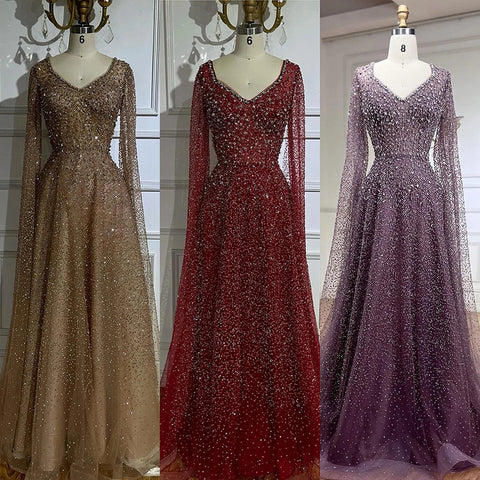 Robe de soirée trapèze à manches cape et perles couleur caramel, style arabie saoudite, pour une occasion spéciale, LA72147A, 2025 