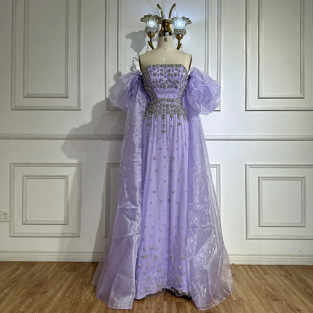 Vestidos de noche de sirena con cuentas negras, estilo princesa, con mangas abullonadas y sobrefalda, para ocasiones formales (LA72002) 