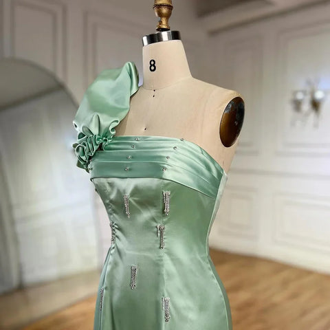 Robe de soirée de luxe à une épaule vert sauge avec cape et cristaux, style Dubaï, pour mariage, LA72412 