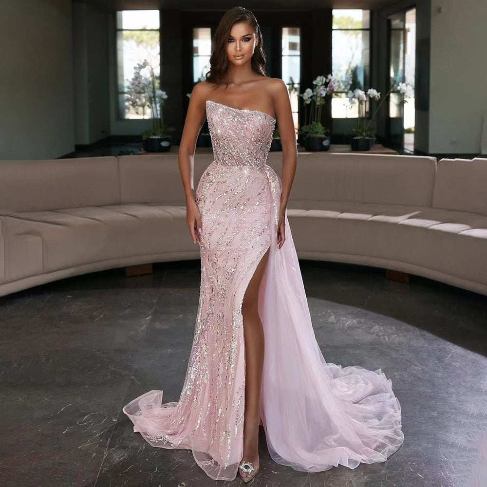Robe de soirée élégante et sexy style sirène rose, luxueuse, sans bretelles, avec perles, style arabe, modèle LA71777, 2025 