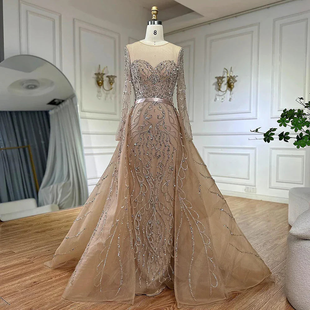 Vestido de noche de sirena rosa con cuentas, estilo árabe saudí, con mangas largas transparentes para ocasiones formales LA72875 