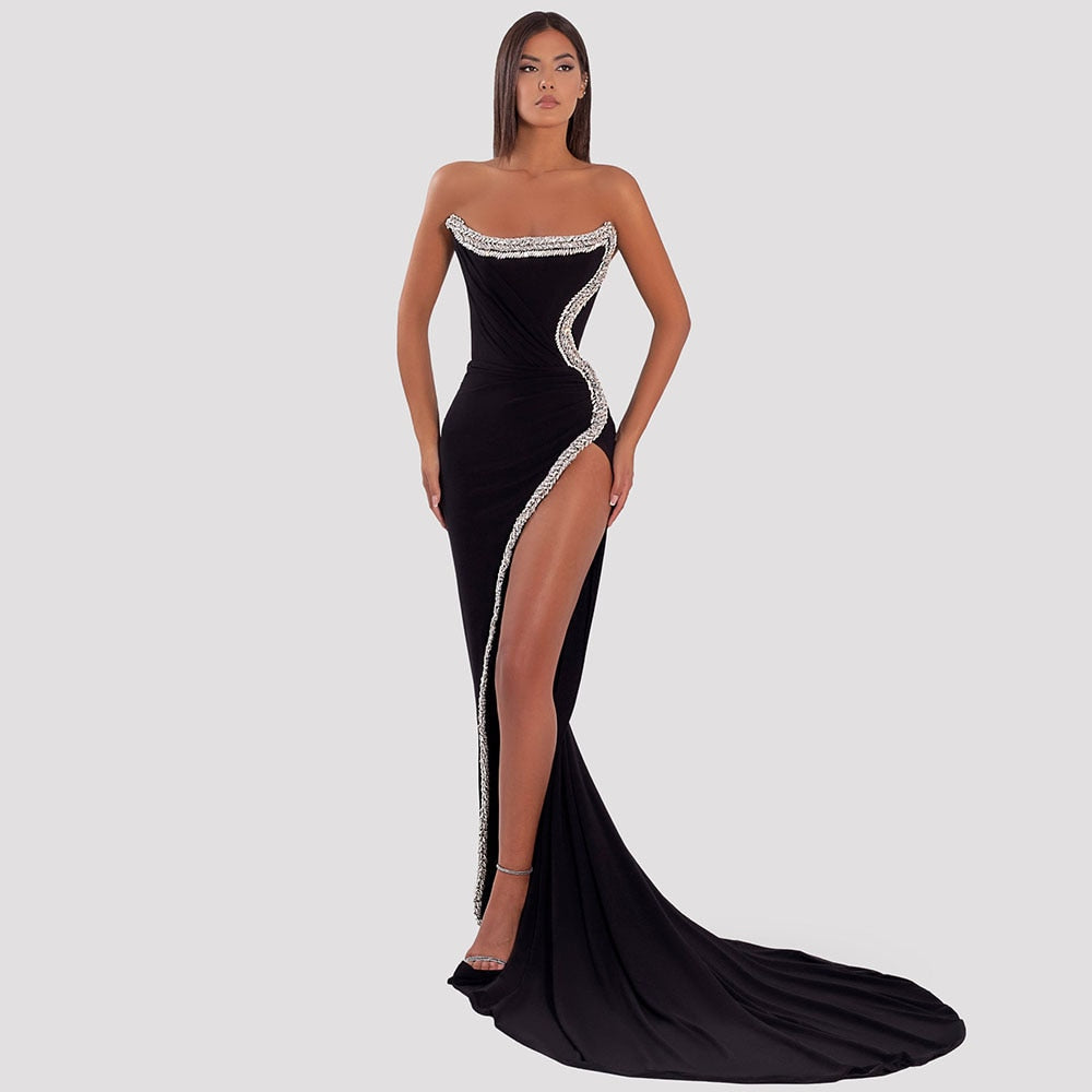 Vestidos de noche árabes negros estilo sirena, sexys, con abertura alta, hombros descubiertos y cuentas, para mujer, estilo fiesta, 2025, LA72016 