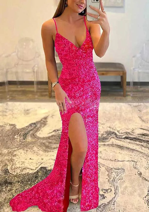 Vestido de fiesta de sirena azul árabe con tirantes finos, lentejuelas brillantes y abertura para mujer LA72687 