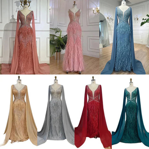 Arabic Blue Mermaid Elegant With Cape Luxury Beaded Feather Dubai Evening Dresses Gowns for Women Party LA71583B