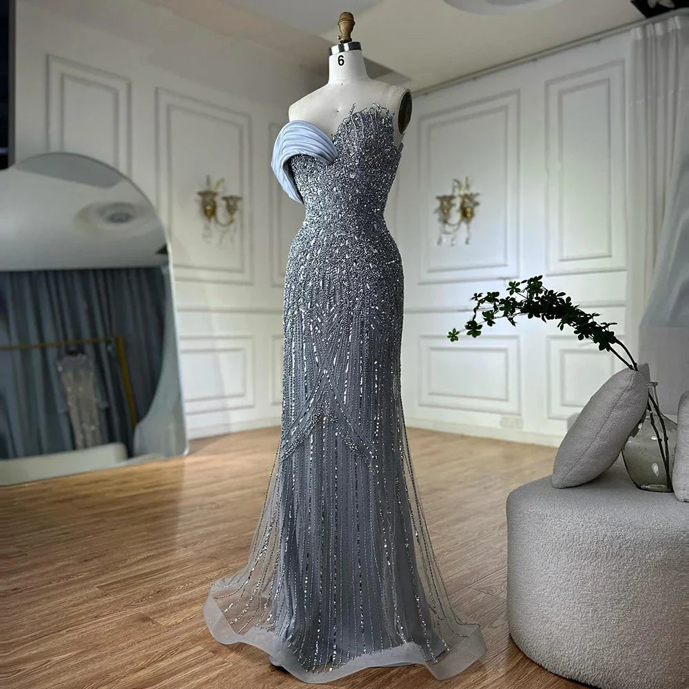Vestido de noche largo, elegante, verde, estilo sirena, con un solo hombro y cuentas, estilo árabe, para ocasiones formales LA72650 