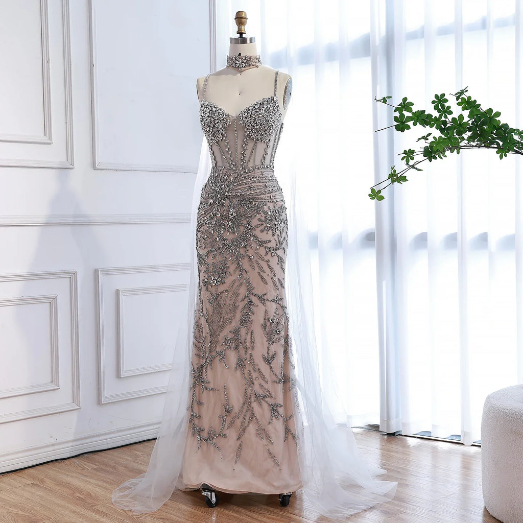 Luxury Evening Dress Grey Beaded With Cape LA73342