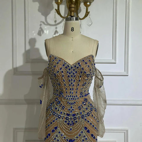 Vestido de noche azul de lujo con cuentas, ideal para ocasiones formales LA72858