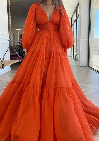 Robe de bal trapèze rouge arabe à manches longues et longueur au sol en mousseline de soie avec plis pour soirée LA72688 