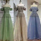 Vestido de noche de lujo color caramelo con hombros descubiertos, corte en A y cuentas, modelo LA72709, para ocasiones formales (2025) 